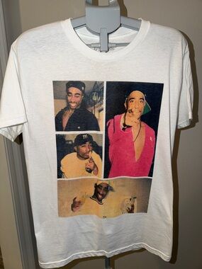 Tupac Shakur 2Pac-White Short Sleeve Graphic Tee with Photo Collage Print